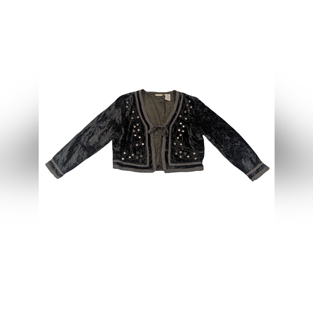 White Stag Forest Green Embellished Velvet Cropped Boho Jacket - Sz M